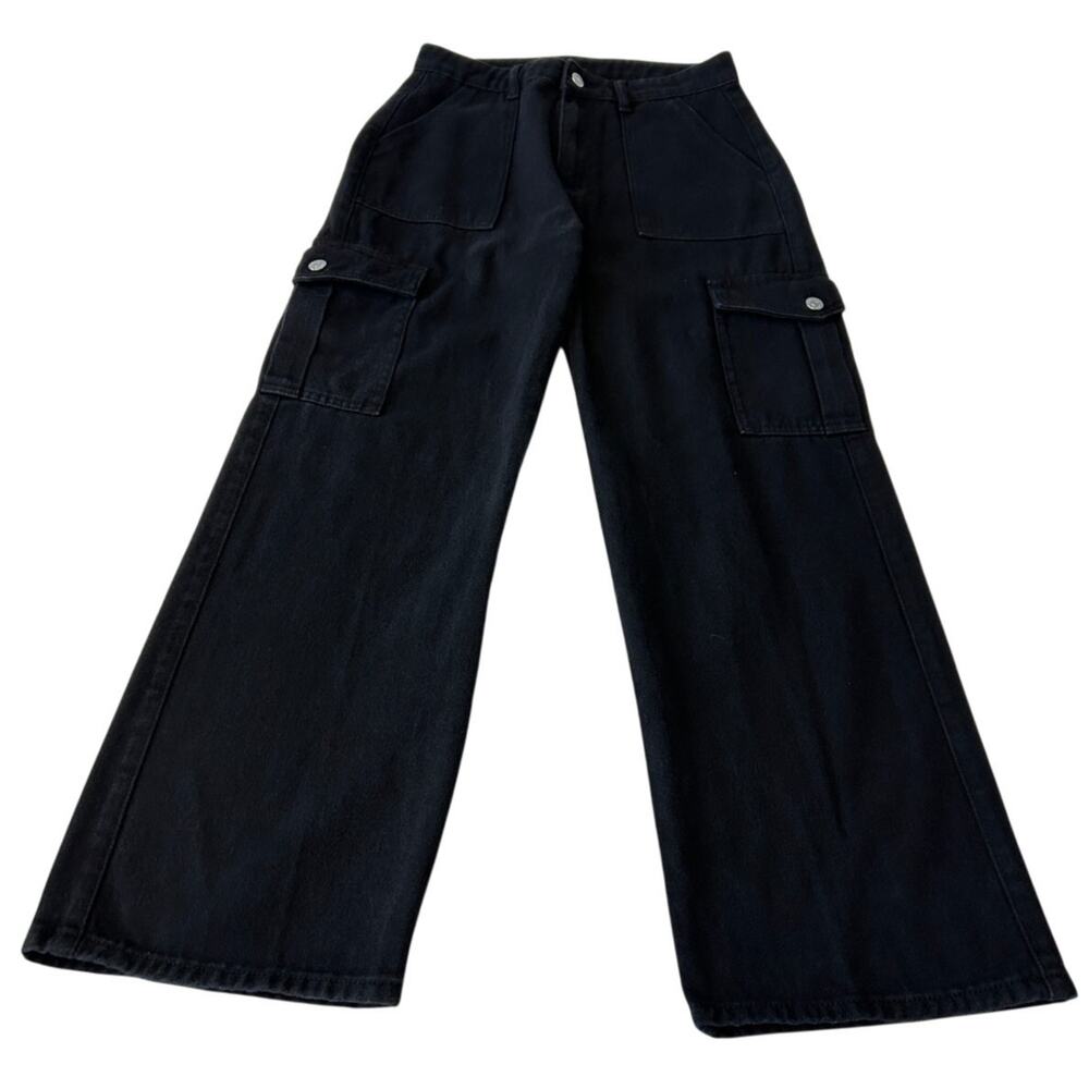 Cider Jeans Women's Cargo Denim Black High Rise Wide Leg Size M